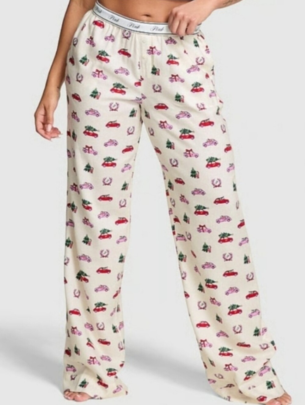 NWT PINK Victoria's Secret Cream Pajama Bottoms with Festive Car Print